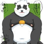  2021 anthro belly black_body black_fur black_nose blush bodily_fluids eyes_closed food fruit fur giant_panda hi_res japanese_text kemono male mammal moobs navel nipples overweight overweight_anthro overweight_male plant solo sweat tanutronik753_k text ursid white_body white_fur 