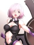  1girl :d bangs black_leotard blush breasts cleavage cleavage_cutout clothing_cutout collarbone elbow_gloves eyebrows_visible_through_hair fate/grand_order fate_(series) gloves gradient gradient_background hair_between_eyes leotard makka_na_kedamono mash_kyrielight medium_breasts midriff navel open_mouth pink_hair purple_eyes purple_gloves shiny shiny_hair short_hair skin_tight smile solo standing stomach stomach_cutout upper_body white_background 