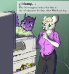  2021 amethyst_du_sciur anthro blonde_hair bottle breasts brown_eyes buckteeth cleavage cleavage_cutout clothed clothing cybercorn_entropic cynthia_boggs definition disgust duo english_text female fridge fully_clothed fur green_background green_eyes grey_squirrel hair keyhole_turtleneck mammal mouse murid murine purple_body purple_fur purple_hair rodent sciurid simple_background sniglets sweater tan_body tan_fur teeth text tongue tongue_out topwear tree_squirrel whiskers 