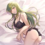  1girl ass bangs black_bra black_panties blush bra breasts brown_eyes c.c. cleavage code_geass collarbone cowboy_shot green_hair hair_between_eyes long_hair lying medium_breasts nanase_(nns_6077) on_side panties parted_lips shiny shiny_hair solo spaghetti_strap underwear underwear_only very_long_hair 