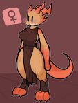  anthro belt big_breasts blush breasts clothed clothing crossgender empty_eyes female gender_symbol horn kobold perec scalie solo standing symbol tfzn thick_thighs ♀ 