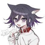  1boy :d animal_collar animal_ear_fluff animal_ears bangs black_hair blush cat_ears chain collar danganronpa_(series) danganronpa_v3:_killing_harmony extra_ears fang grey_background hair_between_eyes hand_up kemonomimi_mode long_sleeves looking_at_viewer male_focus multicolored_hair open_mouth ouma_kokichi purple_eyes purple_hair raonal97 shirt short_hair simple_background sketch smile solo straitjacket two-tone_hair upper_body white_background white_shirt 