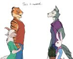 2021 angora_goat anthro awkward beastars bengal_tiger bill_(beastars) black_nose bovid breasts burrserk canid canine canis caprine clothed clothing countershade_face countershading domestic_goat domestic_rabbit dress dwarf_rabbit els_(beastars) english_text eye_contact eyes_closed felid female fur gesture goat grey_body grey_fur group hand_holding haru_(beastars) hi_res holding_plant interspecies lagomorph larger_male legoshi_(beastars) leporid looking_at_another male male/female mammal open_mouth orange_body orange_fur oryctolagus pantherine pink_nose plant polo_shirt potted_plant predator/prey rabbit shirt side_view size_difference smaller_female smile striped_body striped_fur stripes tank_top teeth text tiger topwear waving white_body white_fur white_wool wolf wool_(fur) 