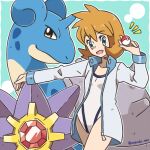  1girl aqua_eyes arm_up artist_name bangs blue_background blue_jacket border breasts brown_eyes closed_mouth collarbone commentary cowboy_shot crystal eyebrows_visible_through_hair gen_1_pokemon hand_up happy highres holding holding_poke_ball jacket lapras long_sleeves looking_at_viewer misty_(pokemon) notice_lines one-piece_swimsuit open_clothes open_jacket open_mouth orange_hair outline outside_border outstretched_arm poke_ball poke_ball_(basic) pokemon pokemon_(creature) pokemon_(game) pokemon_hgss rorosuke ruby_(gemstone) shiny shiny_hair short_hair simple_background small_breasts smile standing starmie swimsuit swimsuit_under_clothes twitter_username white_border white_outline white_swimsuit zipper_pull_tab 