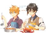  2boys animal apron bangs black_hair blue_eyes blush brown_hair collar collarbone collared_shirt cooking earrings english_text eyebrows_visible_through_hair eyes_in_shadow food genshin_impact hair_between_eyes highres holding holding_knife holding_ladle holding_pot jewelry kitchen_knife knife ladle long_hair male_focus multicolored_hair multiple_boys nemururin octopus open_mouth orange_hair ponytail pot shirt simple_background single_earring sleeves_rolled_up sweat sweatdrop tartaglia_(genshin_impact) tassel tassel_earrings trembling white_background yellow_eyes zhongli_(genshin_impact) 