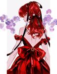  1girl back bangs bare_shoulders black_ribbon bow closed_mouth commentary dress english_commentary framed from_behind grey_background hair_between_eyes hair_ornament hair_ribbon highres huangdanlan jewelry lips long_hair looking_away looking_to_the_side off-shoulder_dress off_shoulder persona persona_5 persona_5_the_royal ponytail red_bow red_dress red_eyes red_hair red_lips ribbon simple_background solo upper_body white_background yoshizawa_kasumi 