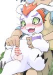  anthro balls blush censored digimon digimon_(species) duo erection genitals gomamon green_eyes handjob hi_res human human_on_anthro ilovetisotiso interspecies joe_kido male male/male mammal penile penis sex tapering_penis 