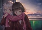  2girls bangs black_hair blush bow breasts closed_eyes commentary_request covering_mouth eyebrows_visible_through_hair grey_eyes hand_up highres holding holding_clothes holding_scarf long_hair looking_at_viewer multiple_girls open_mouth original parufeito pink_scarf scarf school_uniform shared_scarf sidelocks sitting sleeping small_breasts sunrise train_interior white_hair window yuri 
