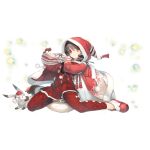  1girl amazuyu_tatsuki animal animal_ears aruruw bangs black_hair carrying_over_shoulder eyebrows_visible_through_hair full_body hat highres holding holding_sack hood hood_up long_sleeves looking_at_viewer official_art red_legwear sack santa_costume santa_hat smile solo star_(symbol) tail transparent_background utawareru_mono utawareru_mono:_lost_frag 