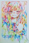  1girl blush colorful crying crying_with_eyes_open dated hand_on_mirror hand_up happy_tears hatching_(texture) long_sleeves mirror neckerchief original sailor_collar school_uniform serafuku signature smile solo tears tmari traditional_media uniform upper_body wavy_mouth 