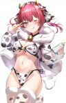  1girl animal_ears animal_print baby_bottle bell bikini bottle breasts cleavage commentary_request cow_ears cow_horns cow_print cow_tail fake_animal_ears fake_horns fake_tail fur-trimmed_jacket fur_trim hair_ribbon hololive horns houshou_marine jacket large_breasts medium_hair navel one_eye_closed qian_wu_atai red_eyes red_hair ribbon side-tie_bikini solo swimsuit tail tongue tongue_out twintails underboob v virtual_youtuber white_background 