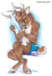  2021 5_fingers anthro barefoot black_nose brown_body brown_fur cervid clothed clothing eyebrows eyelashes fingers fur hooves kashmere male mammal solo topless traditional_media_(artwork) 