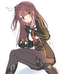  1girl brown_hair caught eating eyebrows_visible_through_hair food girls_frontline gloves hair_ribbon highres ice_cream long_hair long_sleeves looking_at_viewer necktie one_side_up pantyhose red_eyes ribbon sitting sketch solo wa2000_(girls_frontline) white_background yanggang 