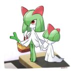  1girl 1other artist_name bangs basket blunt_bangs bob_cut child colored_skin commentary flat_chest full_body gen_3_pokemon green_hair green_skin hair_over_one_eye hand_up highres holding_hands kirlia legs_together medium_hair multicolored multicolored_skin no_mouth open_mouth pokemon pokemon_(creature) ralts red_eyes rorosuke shopping short_hair simple_background spring_onion standing twitter_username two-tone_skin white_background white_skin 