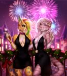  2021 anthro breasts clothed clothing digital_media_(artwork) duo eyebrows eyelashes felid feline female fur hair hi_res leopardus mammal miosha ocelot pantherine purple_eyes smile tiger 