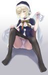  1girl :&lt; artoria_pendragon_(all) bag bangs black_legwear blonde_hair blush bow breasts choker cleavage closed_mouth eyebrows_visible_through_hair fate/grand_order fate_(series) hair_bow hands_up highres holding holding_bag looking_at_viewer medium_breasts panties parufeito santa_alter short_hair sidelocks simple_background sitting solo spread_legs underwear white_background yellow_eyes 