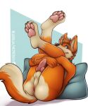  anthro anus balls butt canid canine fox genitals humanoid knot legs_up male male/male mammal mytigertail pawpads paws penis 