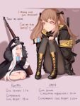  2girls :3 armband artist_name bare_legs bolt_action boots bow brown_hair cup dress english_text fur_trim girls_frontline gun h&amp;k_ump hair_bow hair_ornament hairclip hat height_difference highres hood hood_down hoodie iron_cross kar98k_(girls_frontline) knees_to_chest long_hair mauser_98 mug multiple_girls pantyhose peaked_cap pinky_out pleated_skirt ragingcherrypie red_eyes rifle sitting skirt smile submachine_gun ump9_(girls_frontline) very_long_hair weapon white_hair 