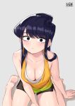  1girl bare_legs barefoot between_legs black_eyes blue_hair blush breasts casual cleavage closed_mouth dolphin_shorts grey_background hand_between_legs komi-san_wa_komyushou_desu komi_shouko long_hair looking_at_viewer medium_breasts short_shorts shorts sidelocks simple_background sitting solo tank_top wariza wide-eyed wox 