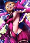  1girl absurdres black_legwear blonde_hair breasts capelet carol_malus_dienheim elbow_gloves garter_straps gloves hat highres large_breasts long_hair looking_at_viewer mole mole_under_eye older open_mouth ribs senki_zesshou_symphogear shiny shiny_hair shiny_skin side_cutout sideless_outfit skirt solo standing teeth thighhighs usagits_00 wire 