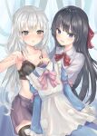  2girls :o bangs black_bra black_hair blue_eyes blush bow bra breasts eyebrows_visible_through_hair frills grey_eyes grey_hair hair_bow hair_ornament hands_up highres holding holding_clothes long_hair looking_at_viewer multiple_girls open_mouth original parufeito pink_bow red_bow sidelocks skirt small_breasts smile underwear yuri 