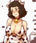  1girl animal_ears animal_print arms_under_breasts bell bell_collar bikini blush breasts brown_eyes brown_hair chief_(91m10) chinese_zodiac collar collarbone cow_ears cow_girl cow_horns cow_print cow_tail cowbell embarrassed gloves horns kawakami_sadayo looking_to_the_side midriff navel one-piece_swimsuit persona persona_5 print_gloves print_swimsuit short_hair swimsuit tail year_of_the_ox 