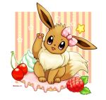  :3 animal_focus artist_name border bow cherry commentary eevee food fruit gen_1_pokemon hair_bow hand_up happy highres in_food looking_at_viewer no_humans open_mouth outline pawpads pink_bow pokemon pokemon_(creature) polka_dot polka_dot_bow purple_eyes raspberry rorosuke smile solo star_(symbol) straight-on striped striped_background tilted_headwear twitter_username whipped_cream white_border white_outline 