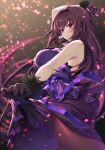  1girl alternate_costume bangs bare_shoulders blush breasts cleavage dancing dress emanon123 fate/grand_order fate_(series) fur_trim gloves hair_intakes highres jewelry large_breasts long_hair looking_at_viewer pantyhose parted_lips pendant purple_dress purple_hair red_eyes scathach_(fate)_(all) scathach_(fate/grand_order) solo very_long_hair 