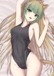  1girl ahoge animal_ears atalanta_(fate) bangs bare_shoulders black_swimsuit blonde_hair blush breasts cat_ears cat_tail collarbone covered_navel elfenlied22 fate/apocrypha fate_(series) green_eyes green_hair highleg highleg_swimsuit highres long_hair looking_at_viewer lying medium_breasts multicolored_hair on_back one-piece_swimsuit open_mouth swimsuit tail thighs 
