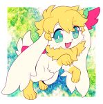  ambiguous_gender blonde_hair cute_expression cute_fangs extyrannomon_(artist) feral flower_petals fur green_eyes hair hi_res legendary_pok&eacute;mon nintendo open_mouth paws petals pink_bow pok&eacute;mon pok&eacute;mon_(species) shaymin sky_forme_shaymin solo video_games white_body yellow_body yellow_fur 