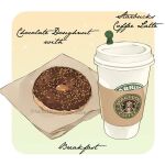  bag breakfast chocolate_doughnut coffee coffee_cup cup disposable_cup doughnut english_text food food_focus le_delicatessen no_humans orange_background original paper_bag simple_background sparkle starbucks still_life white_background 