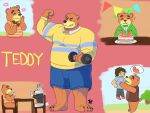  2020 4:3 absurd_res animal_crossing anthro belly blush bottomwear bow_tie cake canid canine canis carrying chair clothing dessert doughnut exercise eyes_closed food fur furniture grey_body grey_fur group hi_res human lucawinterfox male mammal musclegut nintendo pants shirt shorts sitting teddy_(animal_crossing) topwear ursid video_games villager_(animal_crossing) wolf workout 