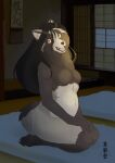  2021 anthro black_hair breasts brown_body brown_fur brown_nose butt canid canine claws featureless_breasts female fur hair hand_on_knee hand_on_leg hands_on_knees hi_res kneeling long_hair mammal navel nude open_mouth open_smile pawpads paws raccoon_dog smile solo tanuki teeth tongue ukabor 