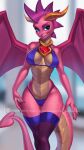  2021 9:16 activision alanscampos anthro anthrofied blue_bra blue_clothing blue_eyes blue_panties blue_underwear bra breasts cleavage clothed clothing collar digital_media_(artwork) dragon ember_(spyro) female grin hi_res horn leggings legwear lingerie looking_at_viewer membrane_(anatomy) membranous_wings multicolored_body multicolored_scales non-mammal_breasts panties pink_body pink_scales scales scalie smile solo spyro_the_dragon standing teeth text toothy_grin two_tone_body two_tone_scales underwear url video_games watermark wide_hips wings yellow_body yellow_scales 