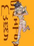  1girl alternate_costume arms_up bandaged_wrist bandages bangs bare_shoulders barefoot bea_(pokemon) character_name commentary_request eyelashes gen_7_pokemon grey_eyes grey_hair hair_between_eyes highres knees leg_up looking_up marshadow mythical_pokemon navel on_head open_mouth orange_background picube525528 pokemon pokemon_(creature) pokemon_(game) pokemon_on_head pokemon_swsh short_hair standing standing_on_one_leg teeth toes 