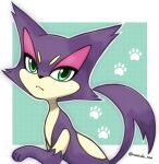  :&lt; animal_focus artist_name blue_background border cat closed_mouth commentary gen_5_pokemon green_eyes half-closed_eyes looking_at_viewer no_humans outline paw_print pokemon pokemon_(creature) purrloin rorosuke simple_background solo twitter_username upper_body white_border 