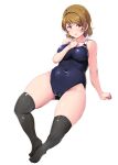  1girl absurdres alternate_costume bangs black_legwear breasts brown_hair cameltoe collarbone competition_swimsuit covered_navel highres koizumi_hanayo love_live! love_live!_school_idol_project medium_breasts one-piece_swimsuit purple_eyes shinonon_(iso_shino) short_hair simple_background solo swimsuit thighhighs white_background 