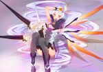  1girl breasts chamsaechi cleavage honkai_(series) honkai_impact_3rd kiana_kaslana kiana_kaslana_(herrscher_of_the_void) long_hair lying reaching_out solo white_hair wings yellow_eyes 