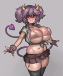  2020 big_breasts bottomwear bra breasts clothed clothing colored_nails curvy_figure demon female fingerless_gloves gloves hair handwear hi_res horn huge_breasts humanoid humanoid_pointy_ears kelvin_hiu legwear long_nails miniskirt nails not_furry open_clothing open_shirt open_topwear pigtails purple_hair red_eyes shirt skirt solo spade_tail squish thick_thighs thigh_highs thigh_squish tied_shirt topwear underwear voluptuous 