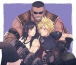  1girl 2boys arm_cannon arm_guards arm_tattoo armor barret_wallace beard black_hair black_legwear blonde_hair brown_eyes cloud_strife dark_skin dark_skinned_male facial_hair final_fantasy final_fantasy_vii final_fantasy_vii_remake gloves group_hug hug looking_at_another multiple_boys shoulder_armor sleeveless sleeveless_turtleneck spiked_hair suspenders sweatdrop tattoo thighhighs tifa_lockhart turtleneck weapon yuuri_(yuri83) 