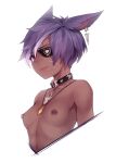  1girl animal_ears black_choker borrowed_character breasts cat_ears cat_girl choker commentary dark_skin dark_skinned_female english_commentary eyebrows_visible_through_hair eyepatch gem highres jewelry looking_at_viewer navel necklace nipple_piercing nipples original piercing purple_eyes purple_hair ricegnat short_hair simple_background small_breasts solo upper_body white_background 