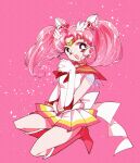  1990s_(style) 1girl absurdres bangs bishoujo_senshi_sailor_moon boots chibi_usa elbow_gloves gloves gold_headband hair_behind_ear hair_horns hands_together highres huge_filesize looking_at_viewer magical_girl open_mouth parted_bangs pink_footwear pink_hair pleated_skirt pochi_(askas_is_god) red_eyes sailor_chibi_moon sailor_collar sailor_senshi_uniform sitting skirt smile solo super_sailor_chibi_moon twintails white_gloves 