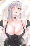  1girl bangs bare_shoulders black_dress blush braid breasts bridal_gauntlets choker cleavage cross cross_earrings dress earrings french_braid highres jewelry kfr large_breasts long_hair looking_at_viewer maid maid_headdress mirror one_eye_closed original parted_lips reflection silver_hair yellow_eyes 