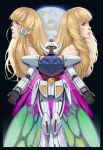  2girls black_background black_border blonde_hair blue_eyes blue_lips border breasts dianna_soreil gundam highres kihel_heim look-alike looking_up mecha medium_breasts moon multiple_girls nekkikamille no_nipples open_hands science_fiction space turn_a_gundam turn_a_gundam_(mobile_suit) upper_body yellow_eyes 