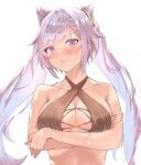  1girl absurdres blush braid breasts center_opening cleavage crossed_arms double_bun genshin_impact hair_bun hair_ornament halter_top halterneck highres keqing large_breasts looking_at_viewer purple_eyes purple_hair swimsuit swimwear upper_body wet wizardmy 