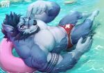  2020 abs anthro beach beard biceps black_hair bulge canid canine canis claws clothed clothing eyewear facial_hair finger_claws fur grey_body grey_fur hair hi_res lifeguard lifeguard_swimsuit looking_at_viewer male mammal muscular muscular_anthro muscular_male nipples orange_eyes partially_submerged pecs physen pool_float pool_tube quads reclining seaside skimpy solo speedo sunglasses swimwear tattoo tattooed_arm triceps water wolf 