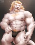  2020 abs absurd_res amber_eyes anthro armpit_hair biceps blonde_hair body_hair bulge chest_hair claws clothed clothing facial_hair fangs felid finger_claws front_view fur hair hand_on_hip hi_res lion looking_at_viewer male mammal muscular muscular_anthro muscular_male nipples open_mouth pantherine pecs physen pinup portrait pose pubes quads sharp_teeth skimpy solo standing teeth three-quarter_portrait tongue triceps underwear underwear_only white_body white_fur 