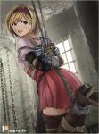 1girl arms_behind_back blonde_hair boots bound brown_eyes chain djeeta_(granblue_fantasy) dress dungeon from_behind gauntlets granblue_fantasy hairband patreon_username pink_dress restrained rope sharpffffff suspension thigh_boots thighhighs 