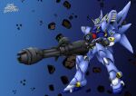  artist_name dated floating green_eyes gun highres holding holding_gun holding_weapon huckebein looking_down mecha myu_(nature256) no_humans science_fiction solo space super_robot_wars super_robot_wars_original_generation v-fin weapon 