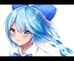  1girl absurdres blue_bow blue_eyes blue_hair blush bow cirno eyebrows_visible_through_hair hair_bow highres ice ice_wings letterboxed looking_at_viewer parted_lips portrait shiki_(s1k1xxx) simple_background solo touhou white_background wings 